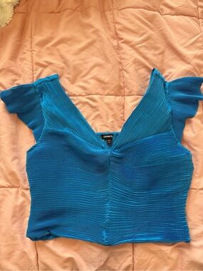 Express Blue Pleated V-Neck Crop Top